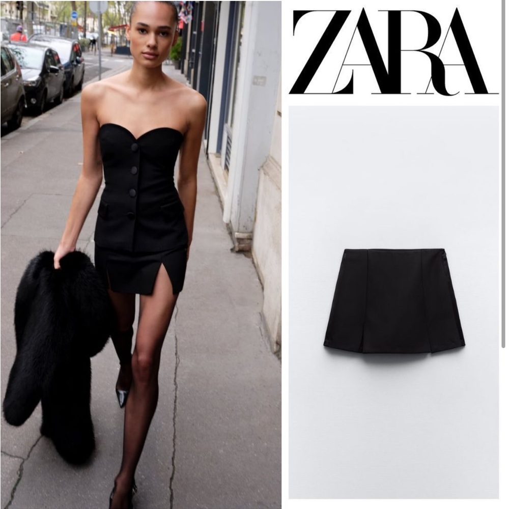 Zara Black high waist Skort Short With Side Satin Effect Band Front slits S NWT